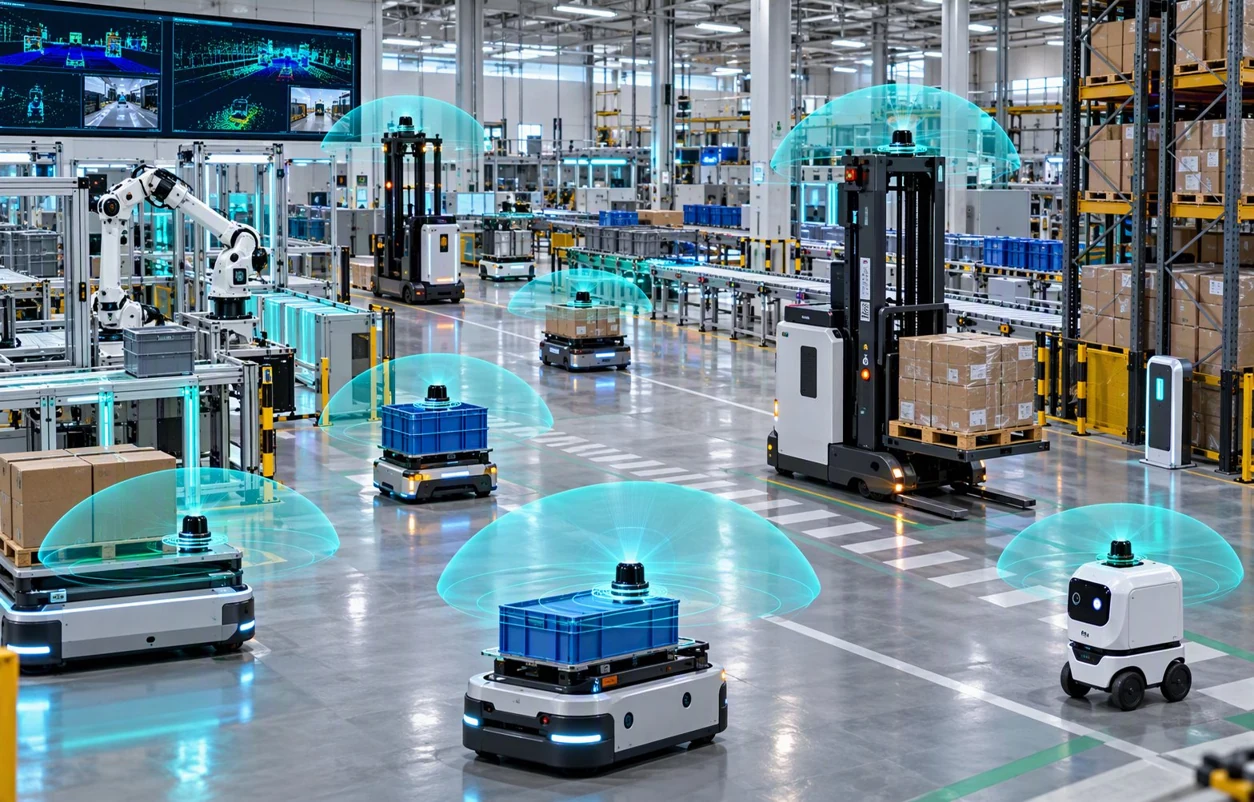 Autonomous mobile robot in a warehouse aisle